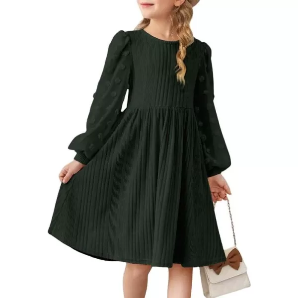 Girls Fall Long Sleeve Knit Dresses Casual Crewneck Swiss Dot A-line Dress 6-15 Years