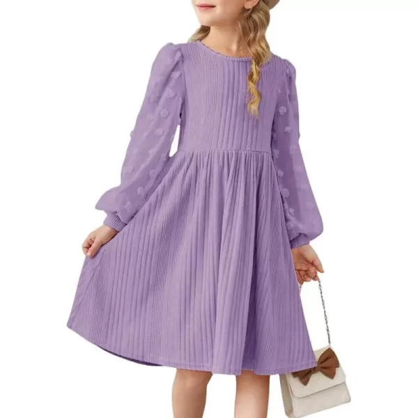 Girls Fall Long Sleeve Knit Dresses Casual Crewneck Swiss Dot A-line Dress 6-15 Years