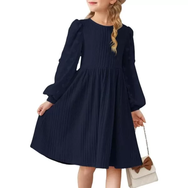 Girls Fall Long Sleeve Knit Dresses Casual Crewneck Swiss Dot A-line Dress 6-15 Years