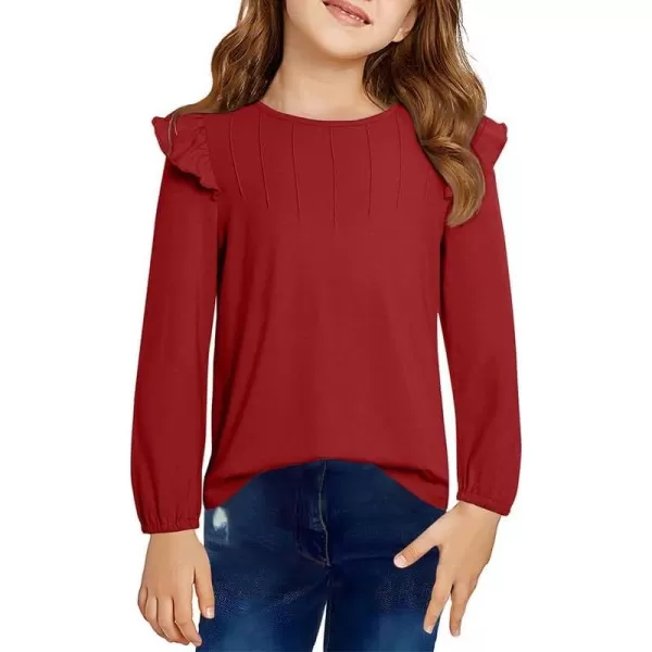 Girls Long Sleeve Shirts Casual Ruffle Trim Crewneck Blouse Tops 6-15 Years