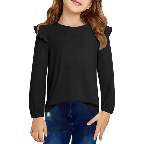 Girls Long Sleeve Shirts Casual Ruffle Trim Crewneck Blouse Tops 6-15 Years