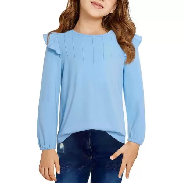 Girls Long Sleeve Shirts Casual Ruffle Trim Crewneck Blouse Tops 6-15 Years