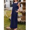 imageGirls Jumpsuit Ruffle Sleeveless Smocked Wide Leg Romper One Piece Summer Outfits with PocketsNavy Blue