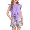 imageGirls Summer 2 Piece Outfits Cute Tie Knot TShirts and Printed Shorts Set with Side PocketsPurple