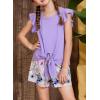 imageGirls Summer 2 Piece Outfits Cute Tie Knot TShirts and Printed Shorts Set with Side PocketsPurple