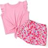 imageGirls Summer 2 Piece Outfits Cute Tie Knot TShirts and Printed Shorts Set with Side PocketsPink
