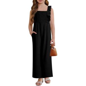 imageGirls Jumpsuit Ruffle Sleeveless Smocked Wide Leg Romper One Piece Summer Outfits with PocketsBlack