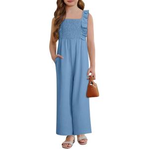 imageGirls Jumpsuit Ruffle Sleeveless Smocked Wide Leg Romper One Piece Summer Outfits with PocketsBlue