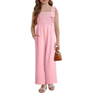 imageGirls Jumpsuit Ruffle Sleeveless Smocked Wide Leg Romper One Piece Summer Outfits with PocketsPink