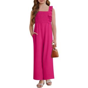 imageGirls Jumpsuit Ruffle Sleeveless Smocked Wide Leg Romper One Piece Summer Outfits with PocketsRose Red