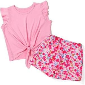 imageGirls Summer 2 Piece Outfits Cute Tie Knot TShirts and Printed Shorts Set with Side PocketsPink