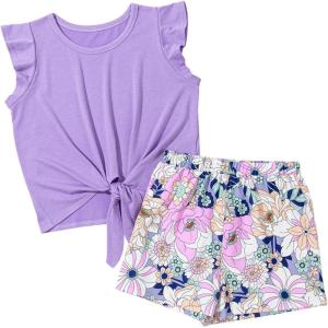 imageGirls Summer 2 Piece Outfits Cute Tie Knot TShirts and Printed Shorts Set with Side PocketsPurple