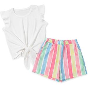 imageGirls Summer 2 Piece Outfits Cute Tie Knot TShirts and Printed Shorts Set with Side PocketsWhite