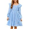 imageGirls Eyelet Cotton Dresses 2025 Ruffle Casual Puff Long Sleeve Aline Dress for 613 YearsBlue