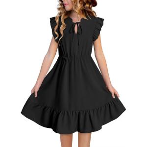 imageGirls Dresses Ruffle Trim Sleeveless V Neck Casual ALine Flowy Dress with PocketsBlack