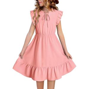 imageGirls Dresses Ruffle Trim Sleeveless V Neck Casual ALine Flowy Dress with PocketsPink