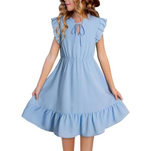 imageGirls Dresses Ruffle Trim Sleeveless V Neck Casual ALine Flowy Dress with PocketsSky Blue