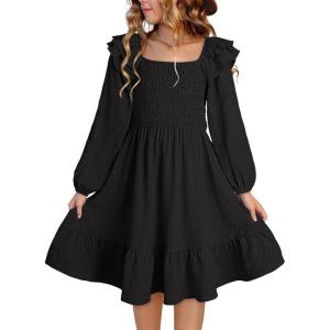 imageGirls Dresses with Tiered Ruffle Long Sleeve and Side Pockets Smocked Fall Spring Dress for 613 YearsBlack