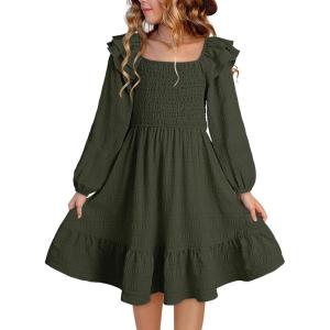 imageGirls Dresses with Tiered Ruffle Long Sleeve and Side Pockets Smocked Fall Spring Dress for 613 YearsGreen