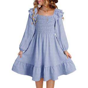 imageGirls Dresses with Tiered Ruffle Long Sleeve and Side Pockets Smocked Fall Spring Dress for 613 YearsLight Blue