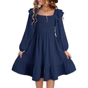 imageGirls Dresses with Tiered Ruffle Long Sleeve and Side Pockets Smocked Fall Spring Dress for 613 YearsNavy Blue