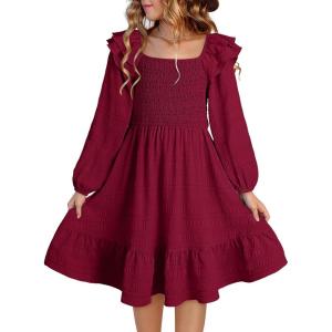 imageGirls Dresses with Tiered Ruffle Long Sleeve and Side Pockets Smocked Fall Spring Dress for 613 YearsRed
