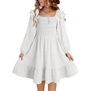 imageGirls Dresses with Tiered Ruffle Long Sleeve and Side Pockets Smocked Fall Spring Dress for 613 YearsWhite