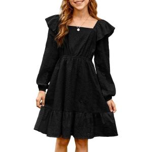 imageGirls Eyelet Cotton Dresses 2025 Ruffle Casual Puff Long Sleeve Aline Dress for 613 YearsBlack
