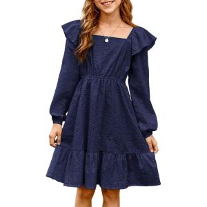 imageGirls Eyelet Cotton Dresses 2025 Ruffle Casual Puff Long Sleeve Aline Dress for 613 YearsNavy Blue