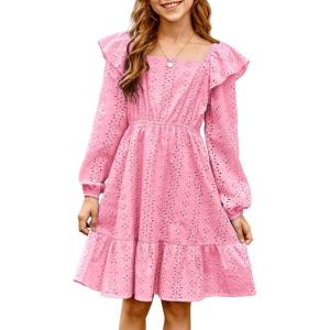 imageGirls Eyelet Cotton Dresses 2025 Ruffle Casual Puff Long Sleeve Aline Dress for 613 YearsPink