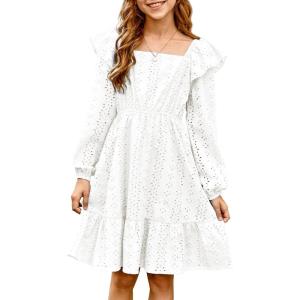 imageGirls Eyelet Cotton Dresses 2025 Ruffle Casual Puff Long Sleeve Aline Dress for 613 YearsWhite
