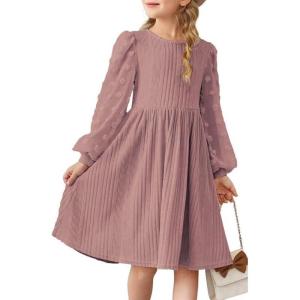 imageGirls Fall Long Sleeve Knit Dresses Casual Crewneck Swiss Dot Aline Dress 615 YearsPink