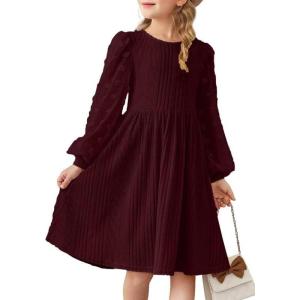 imageGirls Fall Long Sleeve Knit Dresses Casual Crewneck Swiss Dot Aline Dress 615 YearsRed