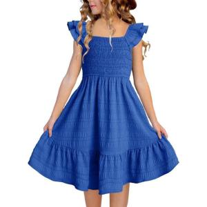 imageGirls Summer Dresses Cute Double Layer Ruffle Sleeve Smocked Flowy Dress 615 YearsBlue