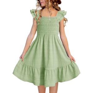imageGirls Summer Dresses Cute Double Layer Ruffle Sleeve Smocked Flowy Dress 615 YearsGreen