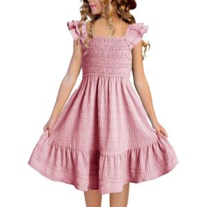 imageGirls Summer Dresses Cute Double Layer Ruffle Sleeve Smocked Flowy Dress 615 YearsPink