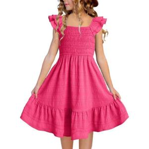 imageGirls Summer Dresses Cute Double Layer Ruffle Sleeve Smocked Flowy Dress 615 YearsRose Red