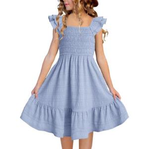 imageGirls Summer Dresses Cute Double Layer Ruffle Sleeve Smocked Flowy Dress 615 YearsSky Blue