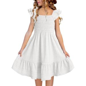 imageGirls Summer Dresses Cute Double Layer Ruffle Sleeve Smocked Flowy Dress 615 YearsWhite