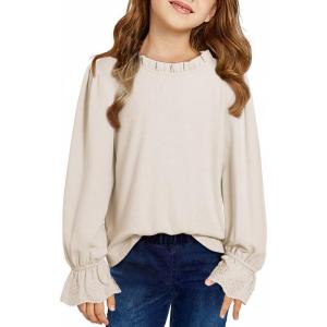 imageCute Shirts for Girls Ruffle Long Sleeve Crewneck Ribbed Knit Blouses Tops 615 YearsBeige
