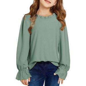 imageCute Shirts for Girls Ruffle Long Sleeve Crewneck Ribbed Knit Blouses Tops 615 YearsGreen