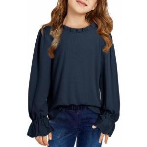 imageCute Shirts for Girls Ruffle Long Sleeve Crewneck Ribbed Knit Blouses Tops 615 YearsNavy Blue