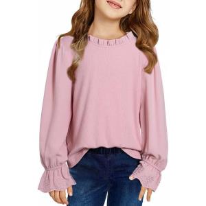 imageCute Shirts for Girls Ruffle Long Sleeve Crewneck Ribbed Knit Blouses Tops 615 YearsPink