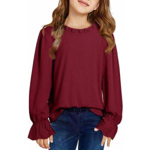 imageCute Shirts for Girls Ruffle Long Sleeve Crewneck Ribbed Knit Blouses Tops 615 YearsRed