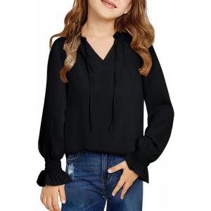 imageGirls Cute Long Sleeve Chiffon Blouses 2025 Casual V Neck Smocked Cuffs Shirts Tops 715 YearsBlack
