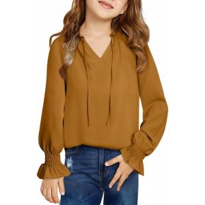 imageGirls Cute Long Sleeve Chiffon Blouses 2025 Casual V Neck Smocked Cuffs Shirts Tops 715 YearsBrown