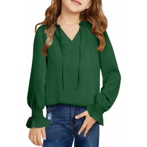 imageGirls Cute Long Sleeve Chiffon Blouses 2025 Casual V Neck Smocked Cuffs Shirts Tops 715 YearsGreen