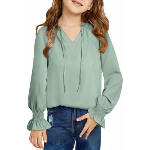 imageGirls Cute Long Sleeve Chiffon Blouses 2025 Casual V Neck Smocked Cuffs Shirts Tops 715 YearsLight Green