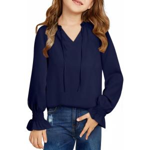 imageGirls Cute Long Sleeve Chiffon Blouses 2025 Casual V Neck Smocked Cuffs Shirts Tops 715 YearsNavy Blue