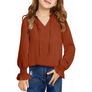 imageGirls Cute Long Sleeve Chiffon Blouses 2025 Casual V Neck Smocked Cuffs Shirts Tops 715 YearsOrange Red